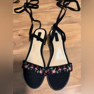 Forever 21 Black Embroidered Floral Lace Up Sandal